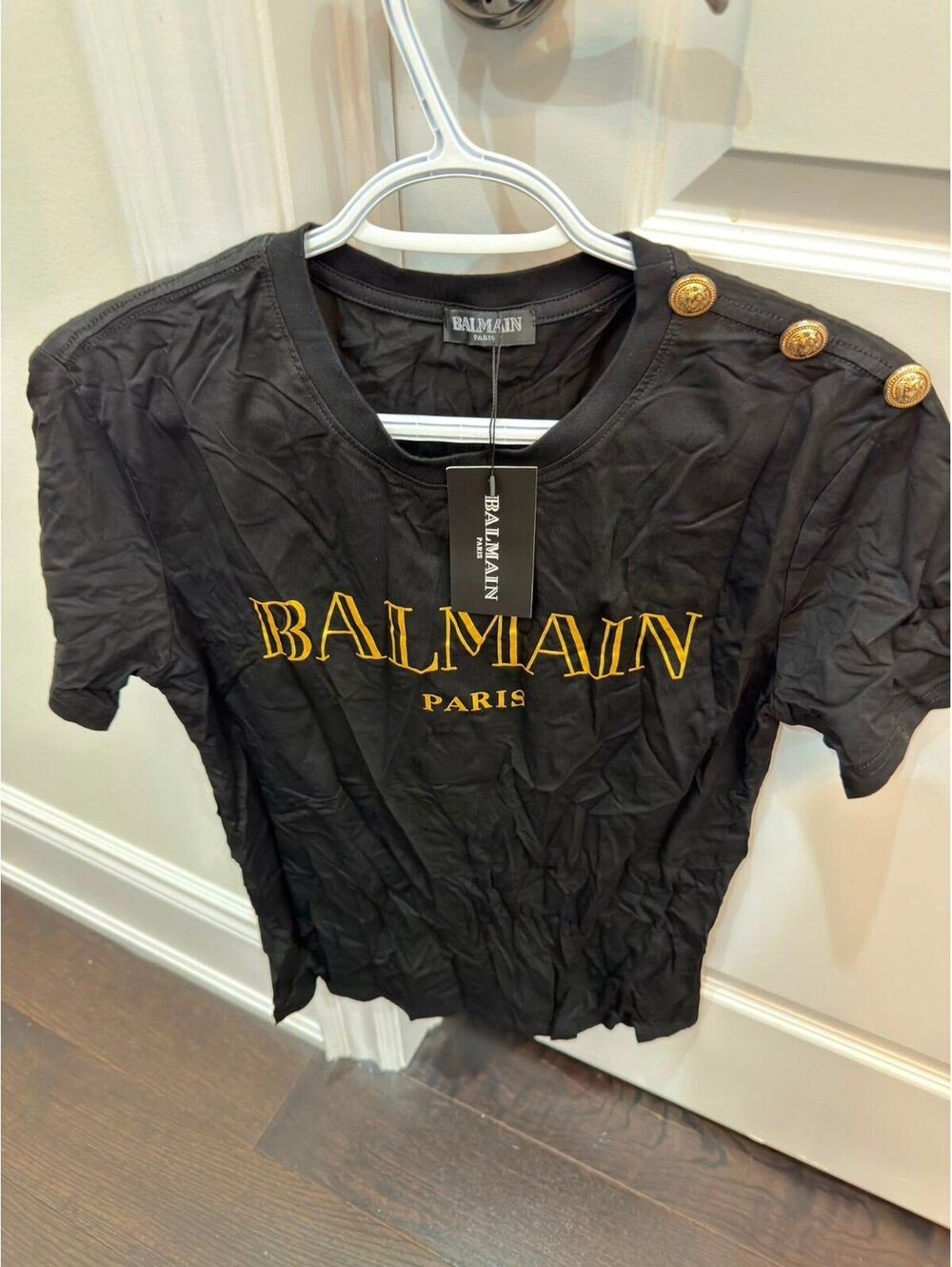 Balmain Paris Black Short Sleeve T-Shirt with Gold Buttons,